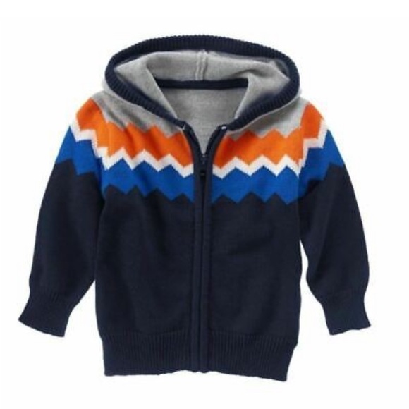 Gymboree toddler boys Chevron zip cardigan sweater hooded grey/blue/orange 3T - Picture 1 of 8